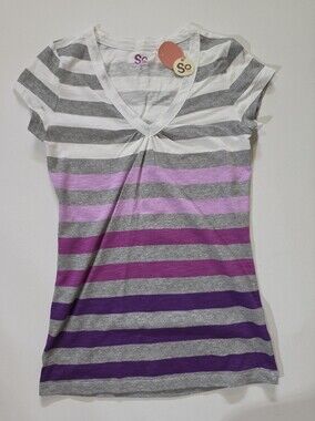 NWT SO Ruched Stripe T-shirt Juniors Medium Grey Purple Pink Casual Tee